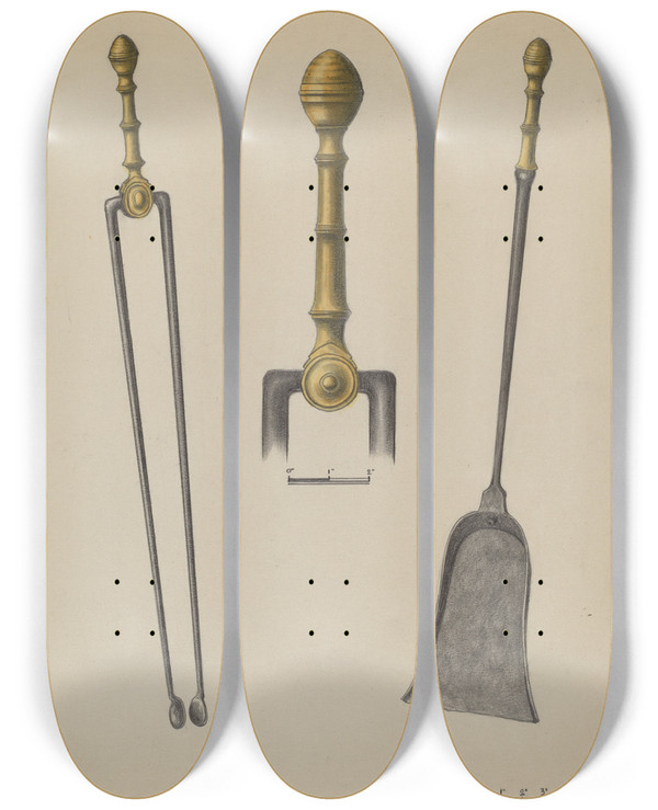 Triptych art skateboard deck of Hans Korsch Fire Tongs And Shovel_4 by Hans Korsch