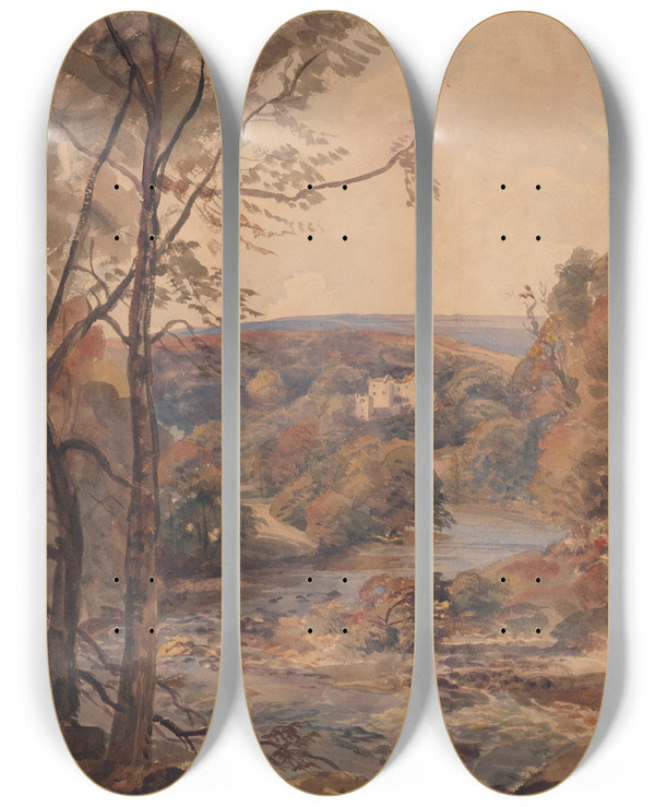 Triptych art skateboard deck of Peter Dewint Barden Tower Yorkshire by Peter Dewint (1784-1849)