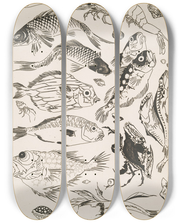 Triptych art skateboard deck of Flix Bracquemond Poissons by Felix Bracquemond (1833-1914)