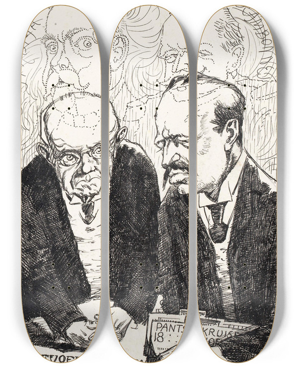 Triptych art skateboard deck of Patricq Kroon Twee Ministers by Patricq Kroon (1862-1941)
