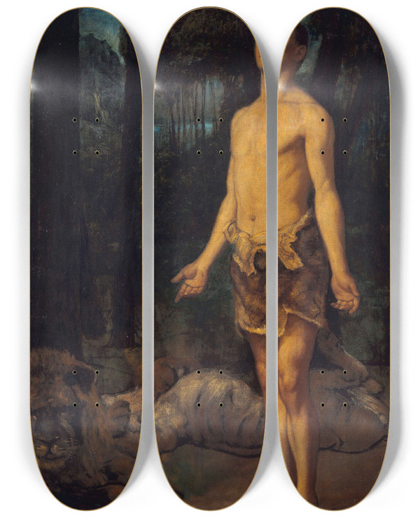Triptych art skateboard deck of Hans Thoma Daniel In The Lions Den by Hans Thoma (1839-1924)