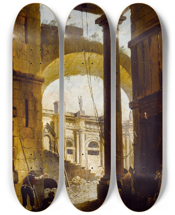 Triptych art skateboard deck of Pierreantoine Demachy Dmolition Dun Difice Composite by Pierre-Antoine Demachy (1723-1807)