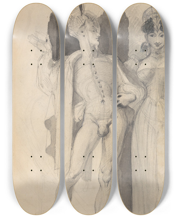 Triptych art skateboard deck of Theodor Von Holst Faust And Margaret by Theodor Von Holst (1810-1844)