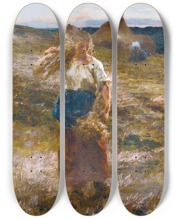 Triptych art skateboard deck of Lon Augustin Lhermitte La Glaneuse by Lon Augustin Lhermitte (1844-1925)