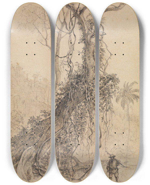 Triptych art skateboard deck of Ferdinand Keller Jger Im Urwald by Ferdinand Keller (1842-1922)