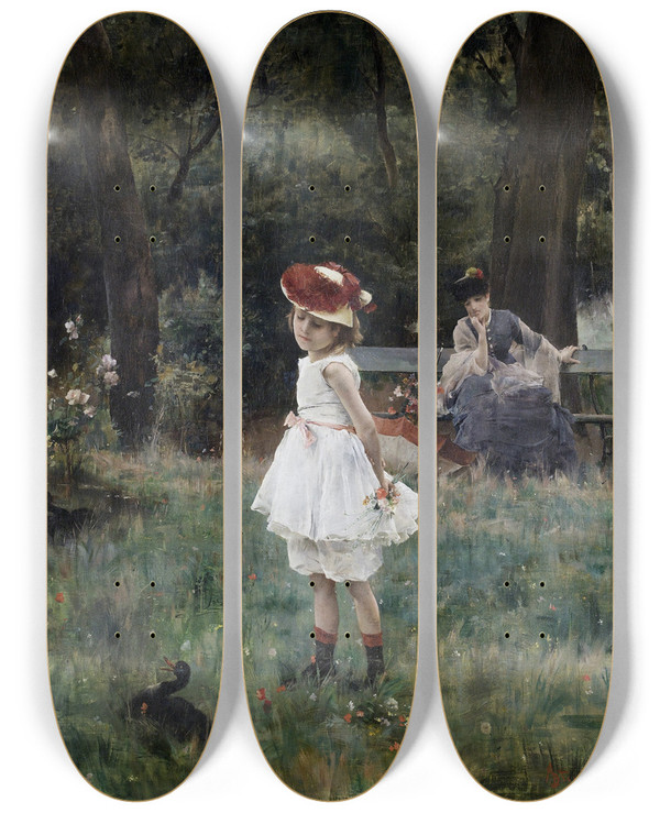 Triptych art skateboard deck of Alfred Stevens La Fillette Aux Canards by Alfred Stevens (1817-1875)