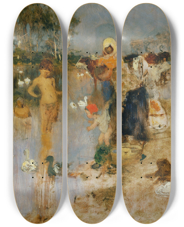 Triptych art skateboard deck of Franz Rumpler Sommer by Franz Rumpler (1848-1922)