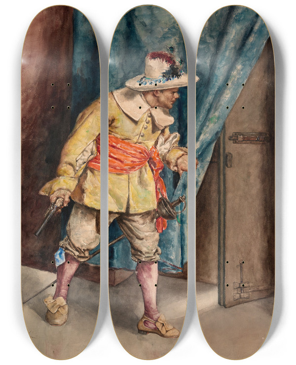 Triptych art skateboard deck of A Arrunategin Musketeer On Guard by A Arrunategin