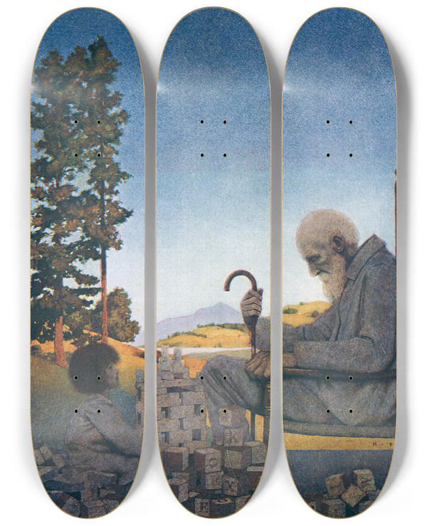 Triptych art skateboard deck of Maxfield Parrish Shuffleshoon And Amberlocks by Maxfield Parrish (1870-1966)