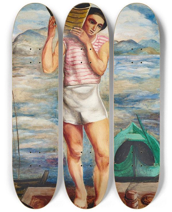 Triptych art skateboard deck of Mose Kisling Le Pcheur by Moise Kisling (1891-1953)