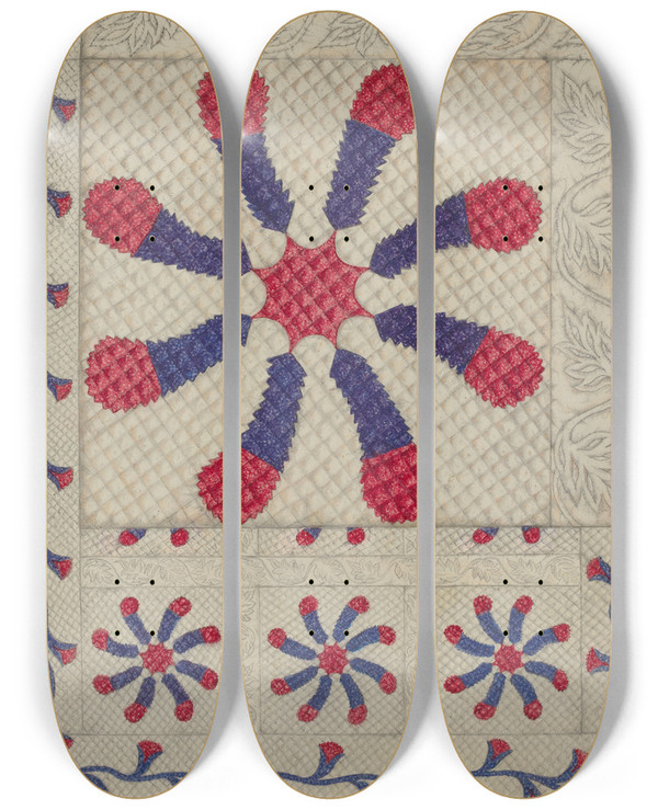 Triptych art skateboard deck of Maud M Holme Pieced And Quilted Coverlet_2 by Maud M Holme