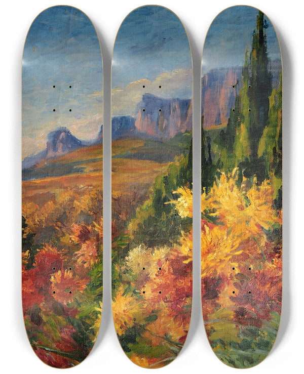 Triptych art skateboard deck of Lilly Walther Maastik Krsanteemidega by Lilly Walther (1866-1946)