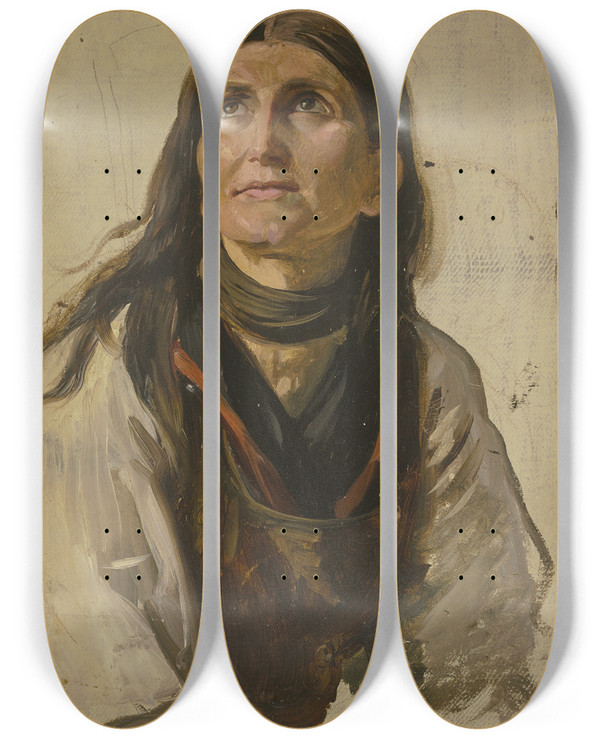 Triptych art skateboard deck of Jakob Becker Bildnis Einer Lchelnden Buerin Mit Offenem Haar_4 by Jakob Becker (1810-1872)