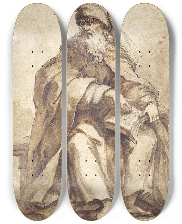 Triptych art skateboard deck of Giovanni Battista Merano Siddende Profet_2 by Giovanni Battista Merano (1632-1698)