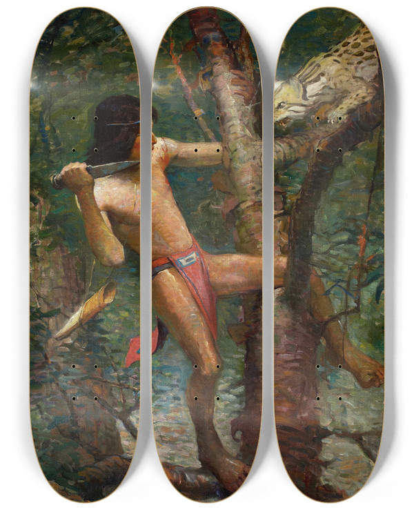 Triptych art skateboard deck of Frank Earle Schoonover Ahuitzotl And The Ocelot by Frank Earle Schoonover (1877-1972)