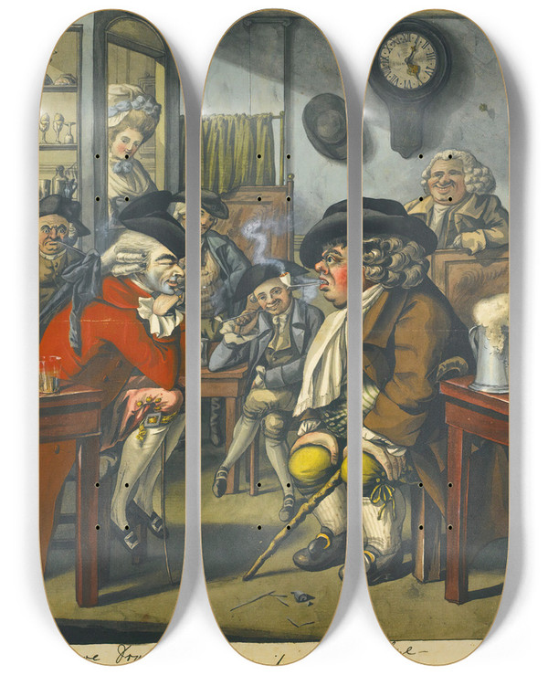Triptych art skateboard deck of Robert Dighton The Contrast by Robert Dighton (1751-1814)