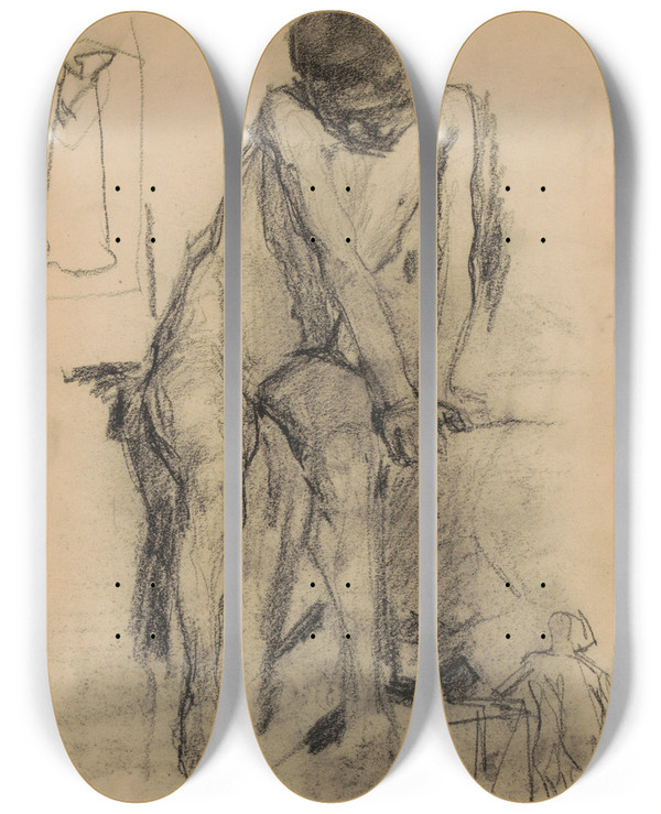 Triptych art skateboard deck of Marius Bauer Zittende Naakte Jongen_2 by Marius Bauer (1867-1932)