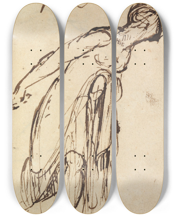 Triptych art skateboard deck of Benjamin Robert Haydon Study Of A Leaning Figure by Benjamin Robert Haydon (1786-1846)