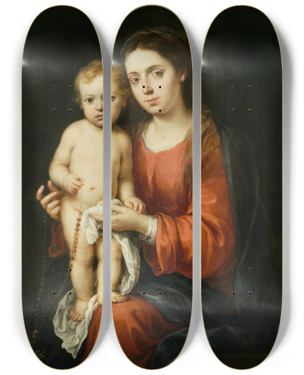 Triptych art skateboard deck of Bartolom Estebn Murillo The Virgin And Child With A Rosary by Bartolome Esteban Murillo (1617-1682)