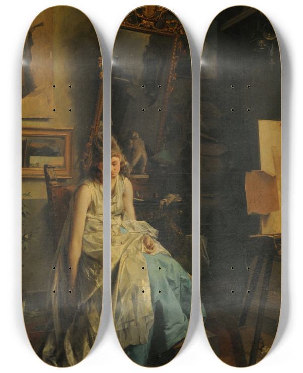 Triptych art skateboard deck of Domenico Induno The Model by Domenico Induno (1815-1878)