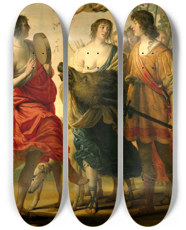 Triptych art skateboard deck of Gerard Van Honthorst Meleager And Atalante by Gerard Van Honthorst (1592-1656)
