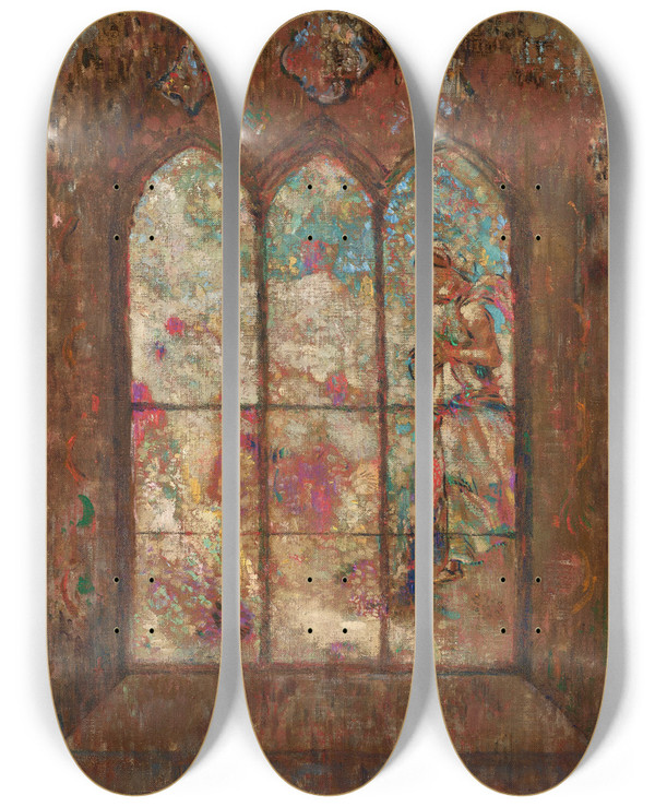 Triptych art skateboard deck of Odilon Redon Le Vitrail by Odilon Redon (1840-1916)