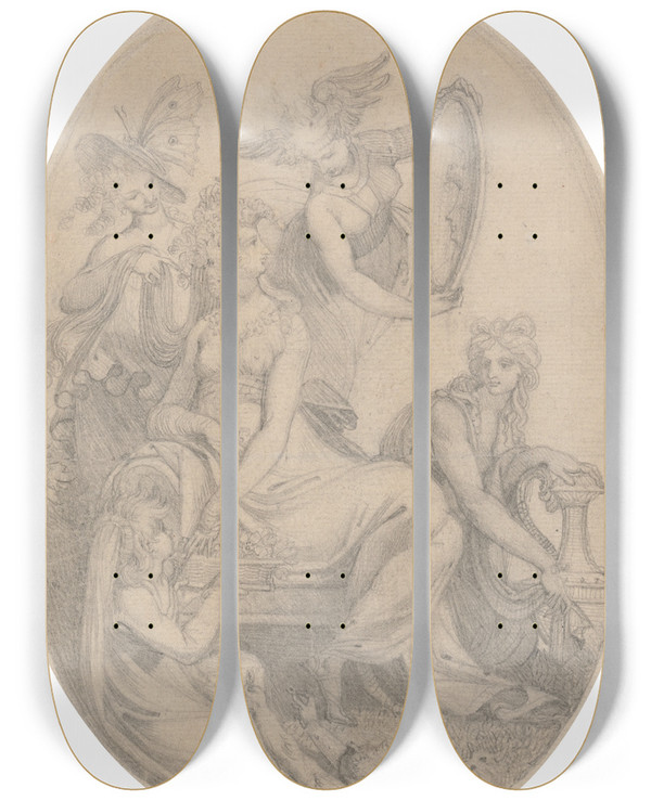 Triptych art skateboard deck of Henry Fuseli Flora Attired By The Elements by Henry Fuseli (1741-1825)