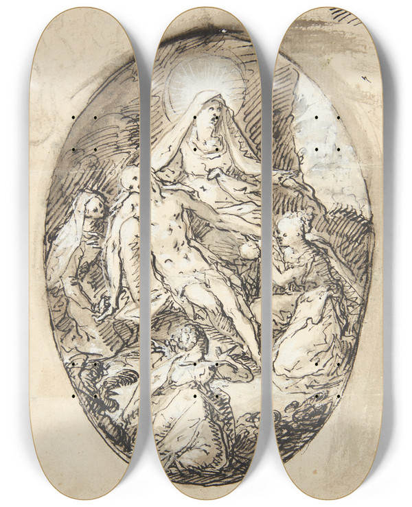 Triptych art skateboard deck of Hans Von Aachen Begrdelsen by Hans Von Aachen (1552-1615)