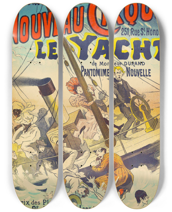 Triptych art skateboard deck of Lucien Lefvre Le Yacht by Lucien Lefevre (1850-1902)