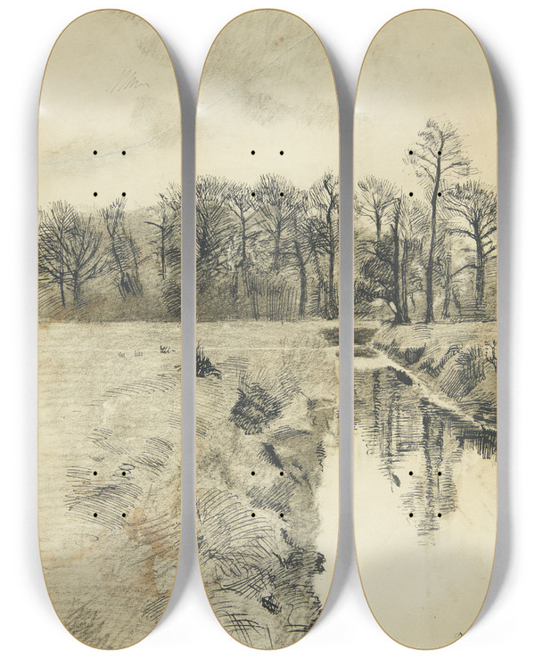 Triptych art skateboard deck of Peter Hansen Landskab Med En by Peter Hansen (1868-1928)