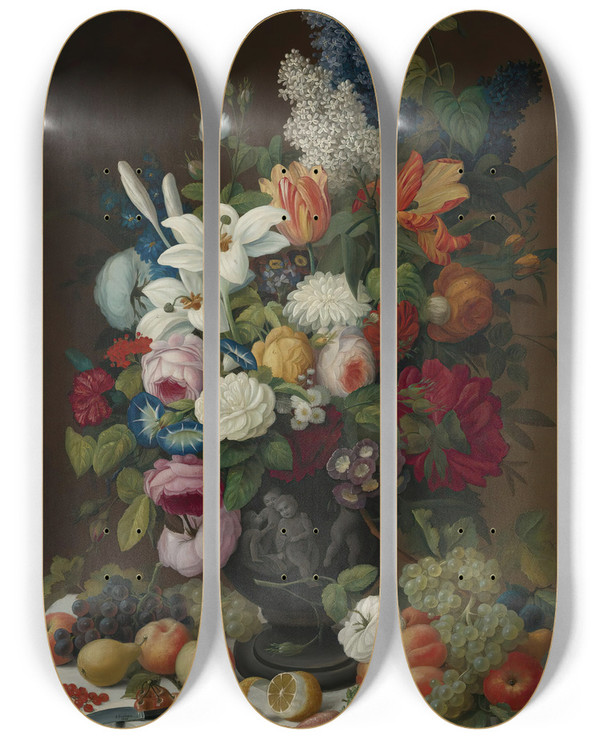 Triptych art skateboard deck of Severin Roesen Still Life With Flowers And Fruit by Severin Roesen (1816-1872)