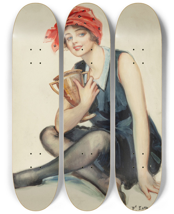 Triptych art skateboard deck of F Earl Christy Swimming by F Earl Christy (1882-1961)