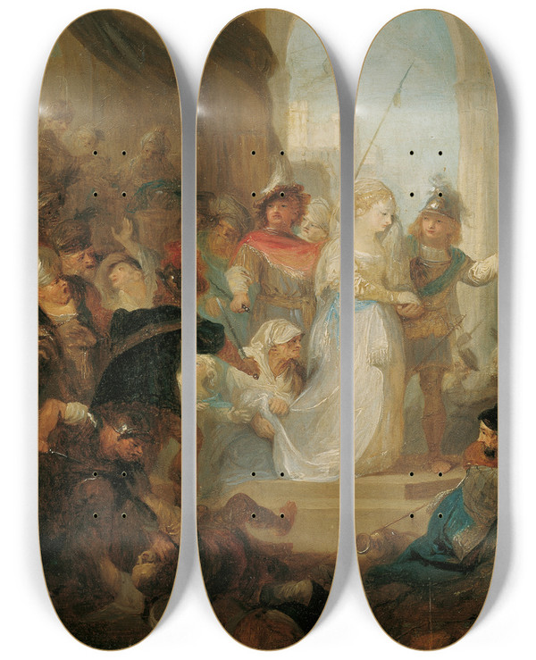 Triptych art skateboard deck of Franz Anton Maulbertsch Esther Und Hatach by Franz Anton Maulbertsch (1724-1796)