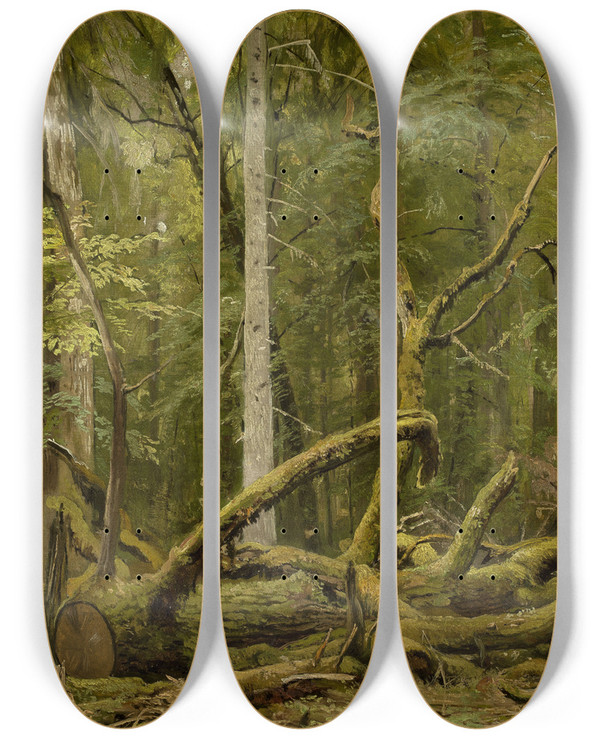 Triptych art skateboard deck of Ivan Ivanovich Shishkin Cut Down Oak by Ivan Ivanovich Shishkin (1832-1898)