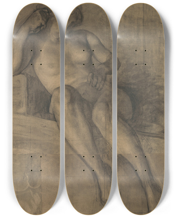 Triptych art skateboard deck of Charles Mertens Figure Study_3 by Charles Mertens (1865-1919)