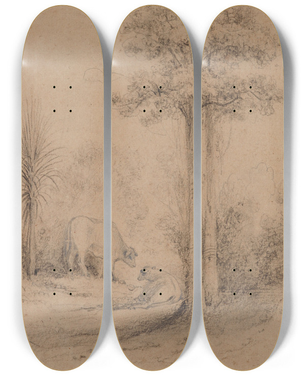 Triptych art skateboard deck of William Swainson Lace Bark Trees Hawkesheadhutt Valley by William Swainson (1789-1855)