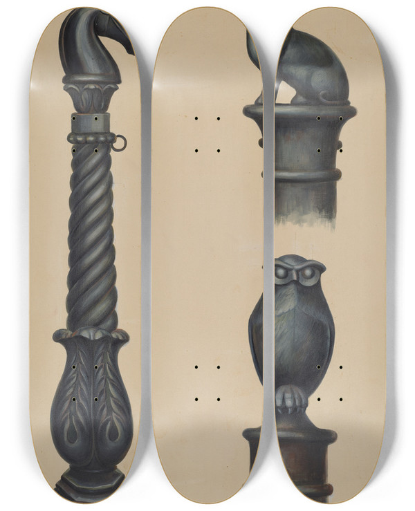 Triptych art skateboard deck of Vl Vance Cast Iron Hitching Post_3 by V.L. Vance
