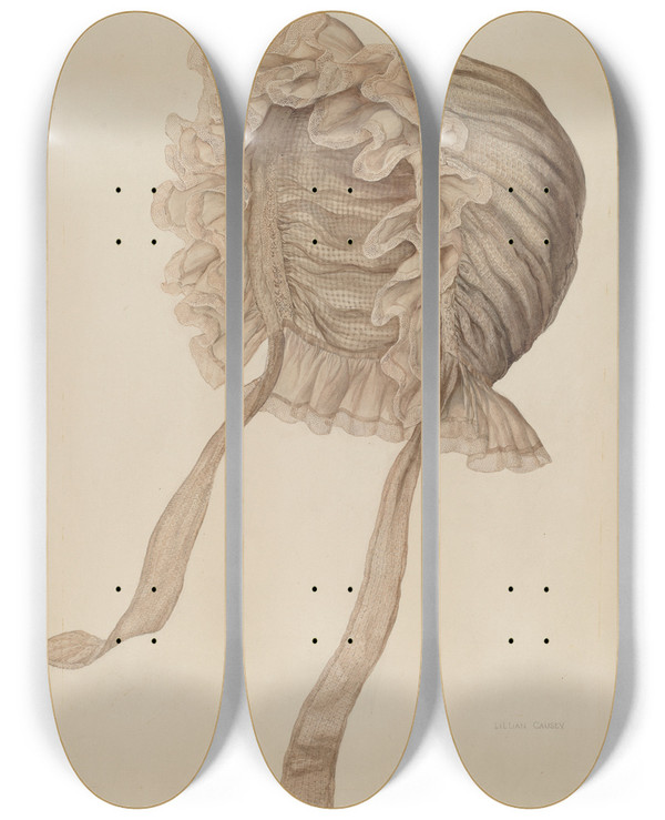 Triptych art skateboard deck of Lillian Causey Night Cap by Lillian Causey (20-)