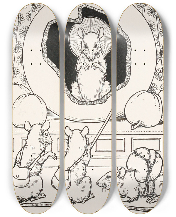 Triptych art skateboard deck of Percy J Billinghurst The Rat Retired From The World by Percy J Billinghurst (1871-1933)