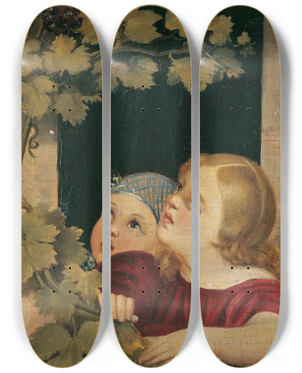 Triptych art skateboard deck of Maria Beatrice Zwei Kinder Am Fenster by Maria Beatrice (1824-1906)