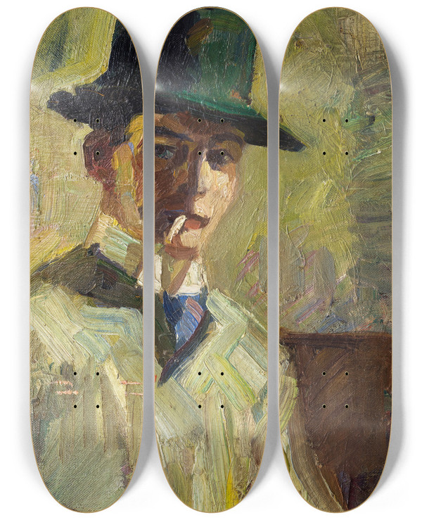 Triptych art skateboard deck of Hermann Stenner Selbstbildnis Mit Hohem Hut Und Zigarette by Hermann Stenner (1891-1914)