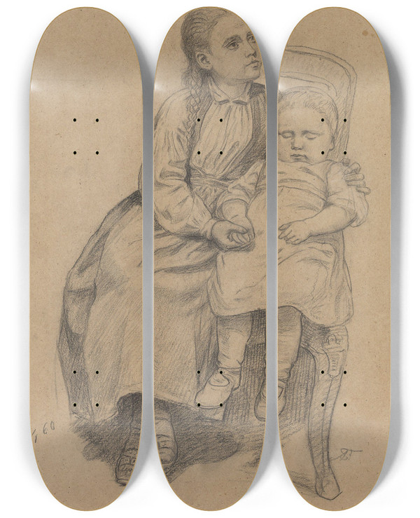 Triptych art skateboard deck of Adolph Tidemand Ung Pike Med Lite Barn by Adolph Tidemand (1814-1876)
