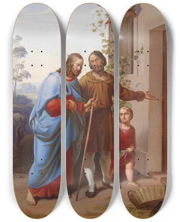 Triptych art skateboard deck of Carl Rahl Christ As A Guest by Carl Rahl (1812-1865)
