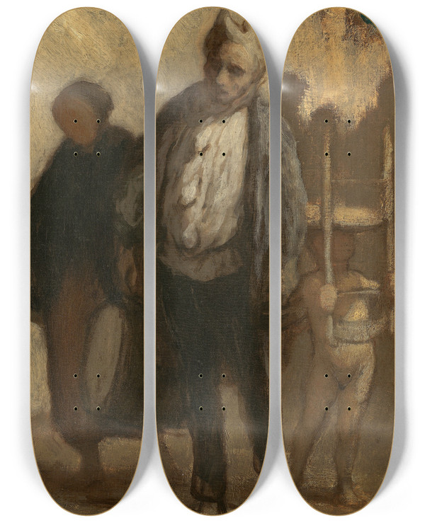 Triptych art skateboard deck of Honor Daumier Wandering Saltimbanques by Honore Daumier (1808-1879)