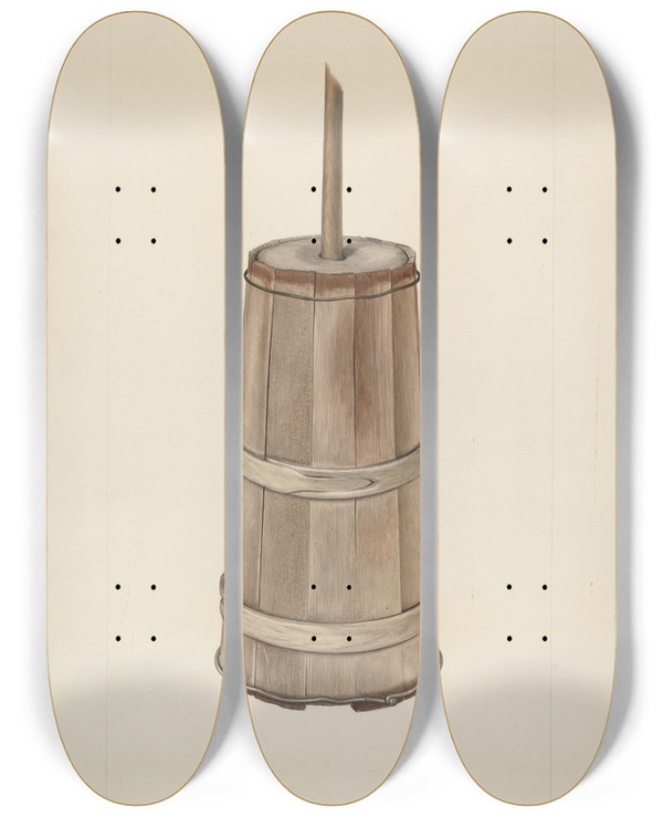 Triptych art skateboard deck of Clyde L Cheney Wooden Churn by Clyde L Cheney