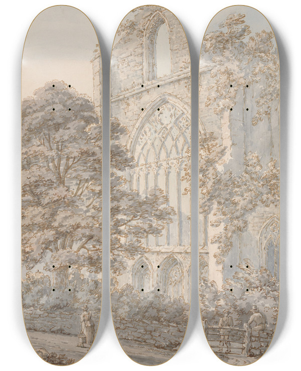 Triptych art skateboard deck of Thomas Sunderland West Window Of Tintern Abbey by Thomas Sunderland (1744-1828)
