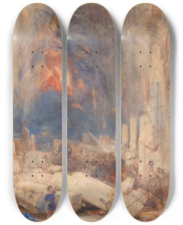 Triptych art skateboard deck of David Roberts The Destruction Of Pompeii by David Roberts (1796-1864)