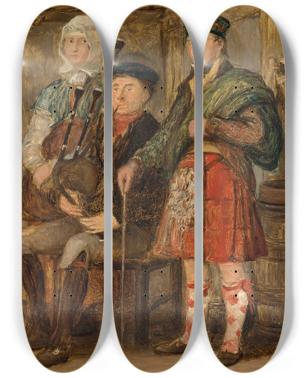 Triptych art skateboard deck of Sir David Wilkie A Highland Interior With A Bagpipe Player by Sir David Wilkie (1785-1841)