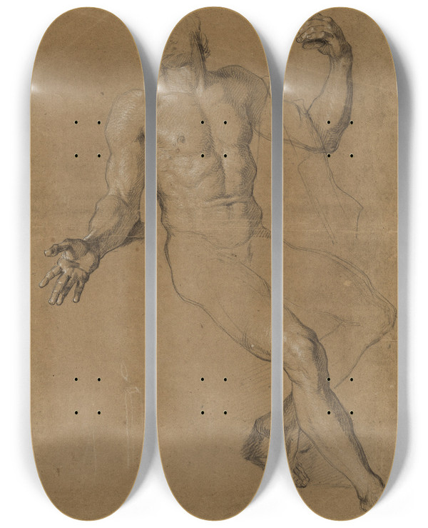 Triptych art skateboard deck of Antoine Coypel Study Of A Nude Man Posed As Bacchus by Antoine Coypel (1661-1722)