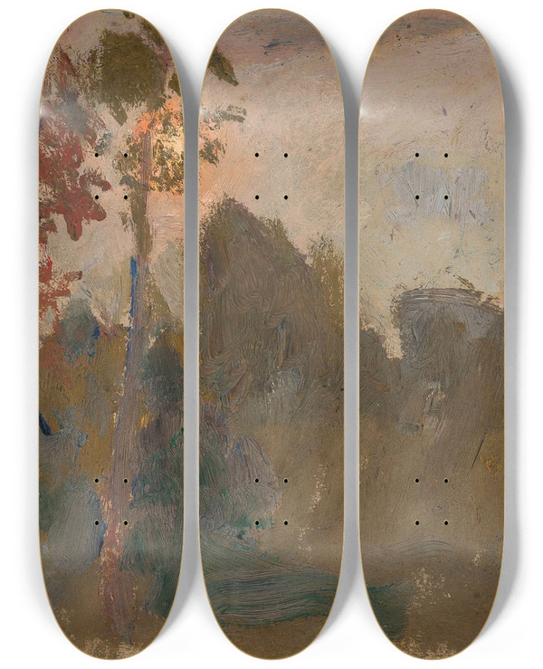 Triptych art skateboard deck of Tadeusz Makowski Sunset In A Forest by Tadeusz Makowski (1882-1932)